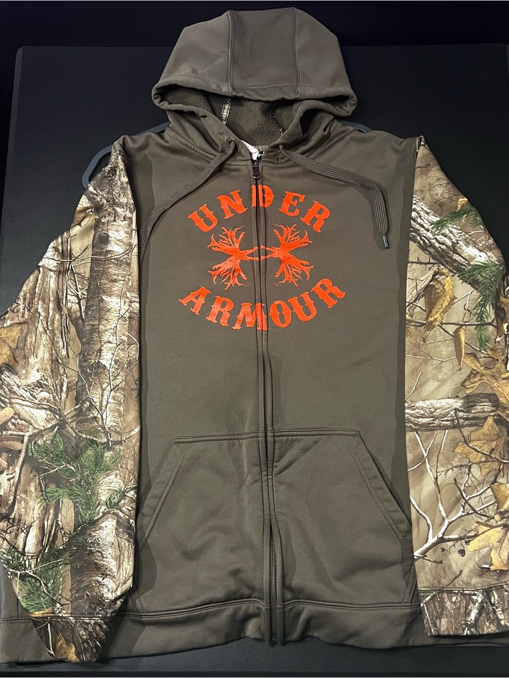 Under Armour Hoodie Mens 2XL Camo Full Zip Realtree Hunting Loose Fit Brown
